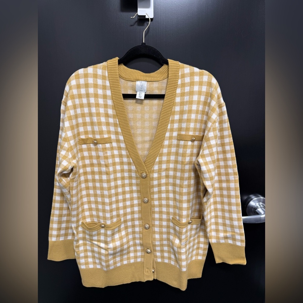 Joie Mustard and White Checkered Cardigan